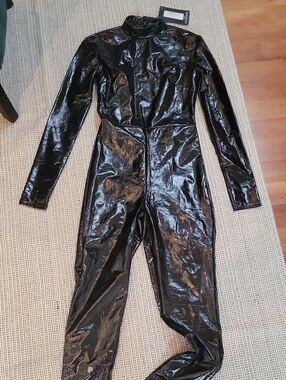PLT CATSUIT  Black Patent  Jumpsuit With Open Back XS PERFECT FOR HALLOWEEN